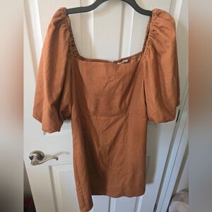 BNWT Rust Puff Sleeve Square Neck Women’s Dress In Rust - On or Off The Shoulder